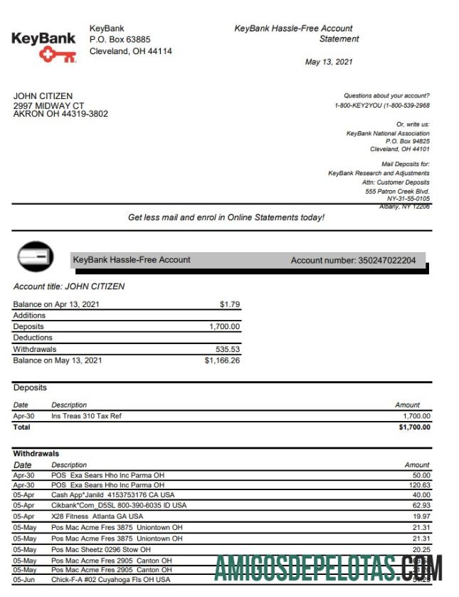 Exemplo do KeyBank Excel dos EUA Ohio